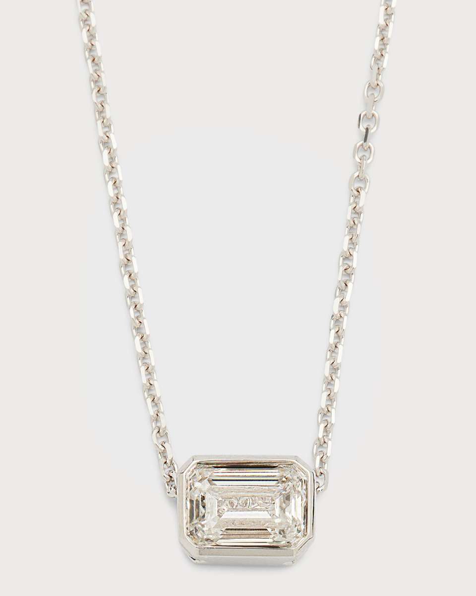 18K White Gold Emerald-Cut East-West Diamond Pendant Necklace, 18"L